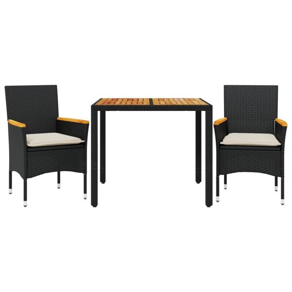 vidaXL Set de comedor jardín 3 pzas con cojines ratán PE acacia negro