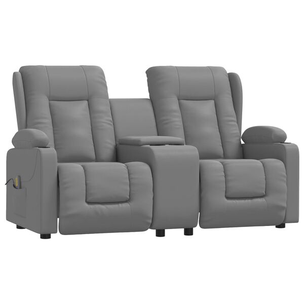 vidaXL Sillón reclinable masaje 2 plazas y portavasos cuero PE gris