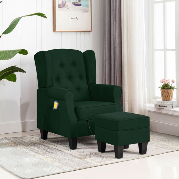 vidaXL Sill&oacute;n de masaje con reposapi&eacute;s tela verde oscuro
