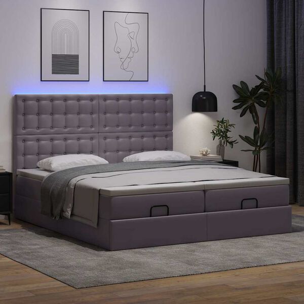 vidaXL Cama otomana colch&oacute;n y LED cuero sint&eacute;tico gris 160x200 cm