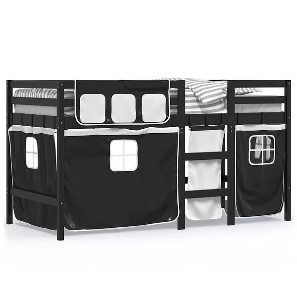 vidaXL Cama alta ni&ntilde;os con cortinas madera pino blanco negro 80x200 cm