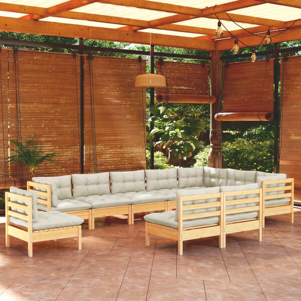vidaXL Muebles de jardín 10 pzas y cojines madera maciza de pino crema