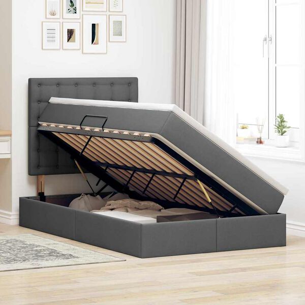 vidaXL Cama con almacenamiento y colch&oacute;n Gris oscuro 120 x 190 cm tela