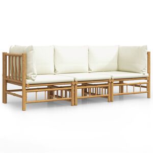 vidaXL Set de muebles de jard&iacute;n 3 piezas bamb&uacute; y cojines blanco crema