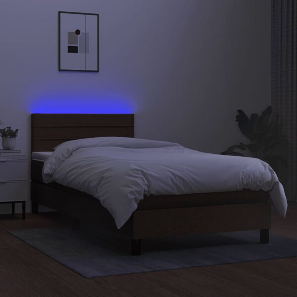 vidaXL Cama box spring colch&oacute;n y luces LED tela marr&oacute;n oscuro 80x200cm