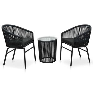 vidaXL Set mesa y sillas de jard&iacute;n 3 pzas y cojines rat&aacute;n PE negro