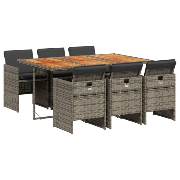vidaXL Set comedor jard&iacute;n 7 pzas y cojines rat&aacute;n sint&eacute;tico gris