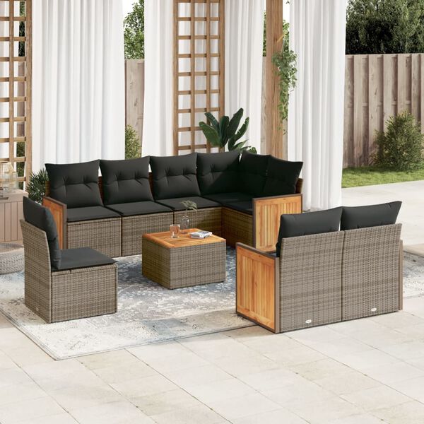 vidaXL Set de muebles de jard&iacute;n 9 pzas y cojines rat&aacute;n sint&eacute;tico gris