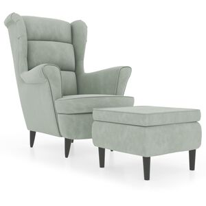vidaXL Sill&oacute;n orejero y taburete de terciopelo gris claro