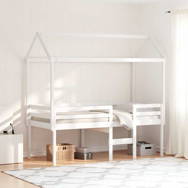 vidaXL Cama alta con techo madera maciza pino blanca 75x190 cm