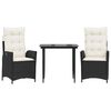 vidaXL Set comedor de jard&iacute;n 3 pzas con cojines rat&aacute;n sint&eacute;tico negro