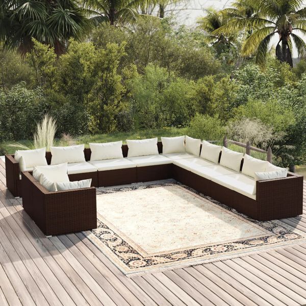 vidaXL Set de muebles de jard&iacute;n 11 pzas cojines rat&aacute;n sint&eacute;tico marr&oacute;n