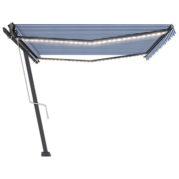 vidaXL Toldo autom&aacute;tico LED sensor de viento azul y blanco 500x350 cm