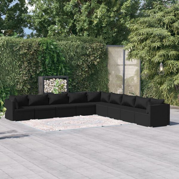 vidaXL Set de muebles de jard&iacute;n 9 pzas y cojines rat&aacute;n sint&eacute;tico negro