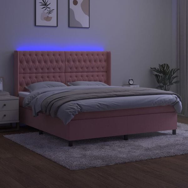 vidaXL Cama box spring colch&oacute;n y LED terciopelo rosa 160x200 cm