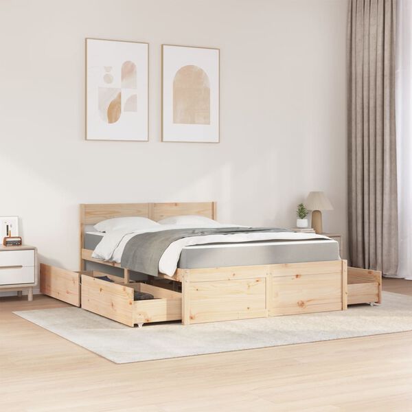vidaXL Cama con cajones y colch&oacute;n madera maciza de pino 140x190 cm