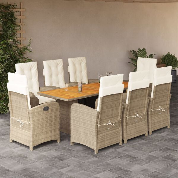 vidaXL Set comedor de jard&iacute;n 9 pzas con cojines rat&aacute;n sint&eacute;tico beige