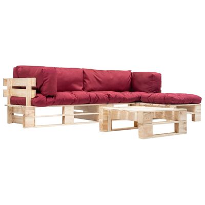 vidaXL Muebles de palets de jardín con cojines rojos 4 piezas madera