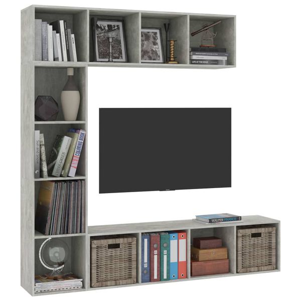 vidaXL Mueble de TV y librer&iacute;a 3 piezas gris hormig&oacute;n 180x30x180 cm