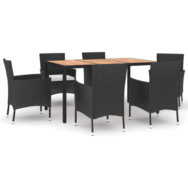 vidaXL Set de comedor de jard&iacute;n 7 pzas y cojines rat&aacute;n sint&eacute;tico negro