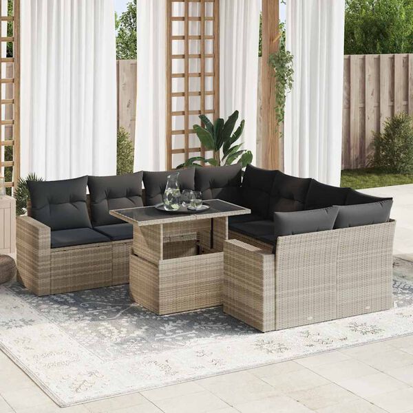 vidaXL Set muebles jard&iacute;n 9 pzas y cojines rat&aacute;n sint&eacute;tico gris claro