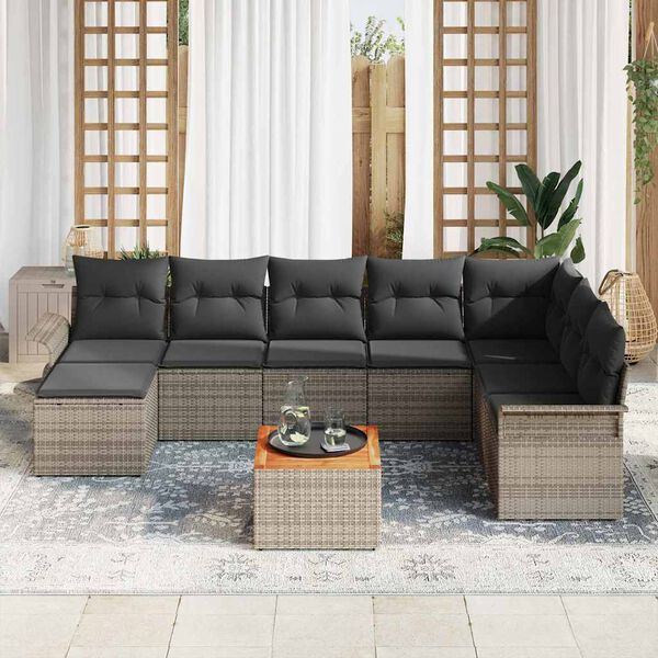 vidaXL Conjunto de sof&aacute; de jard&iacute;n 9 pcs Gris Polirat&aacute;n
