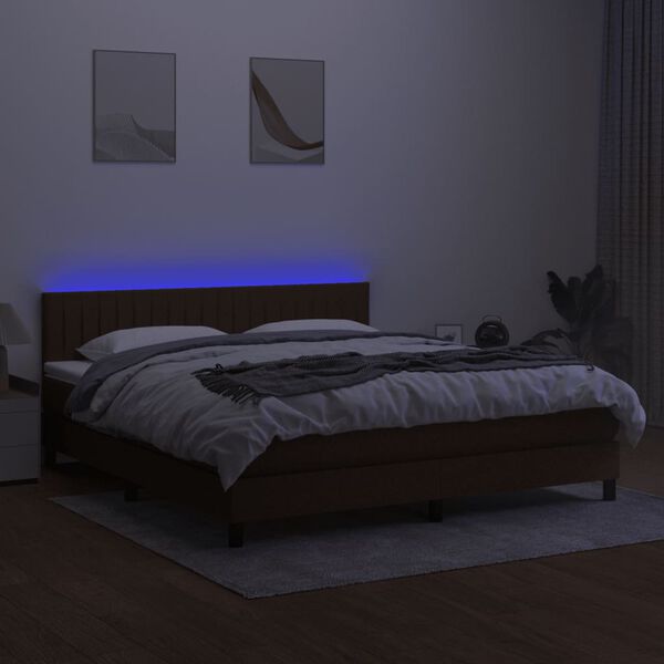 vidaXL Cama box spring colch&oacute;n luces LED tela marr&oacute;n oscuro 160x200cm