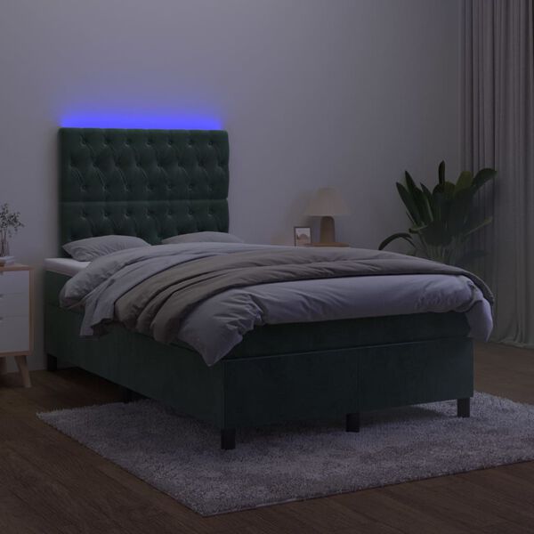 vidaXL Cama box spring colch&oacute;n y LED terciopelo verde oscuro 120x200cm
