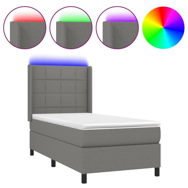 vidaXL Cama box spring colch&oacute;n y luces LED tela gris oscuro 100x200 cm