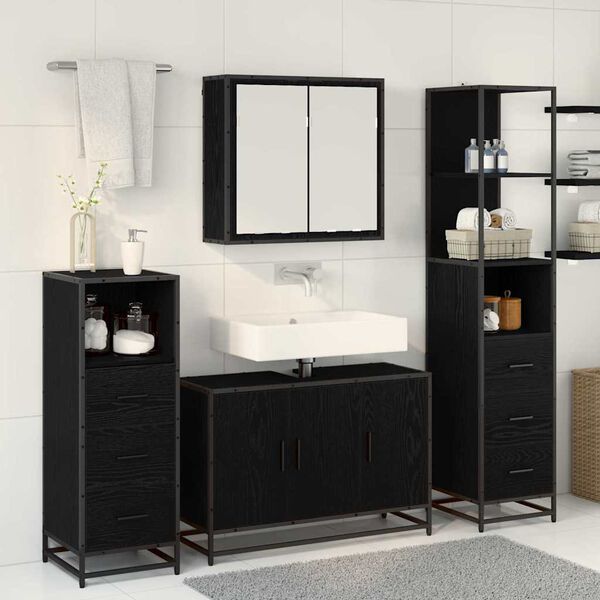 vidaXL Juego de muebles de ba&ntilde;o 4 pcs Roble Negro Madera de ingenier&iacute;a
