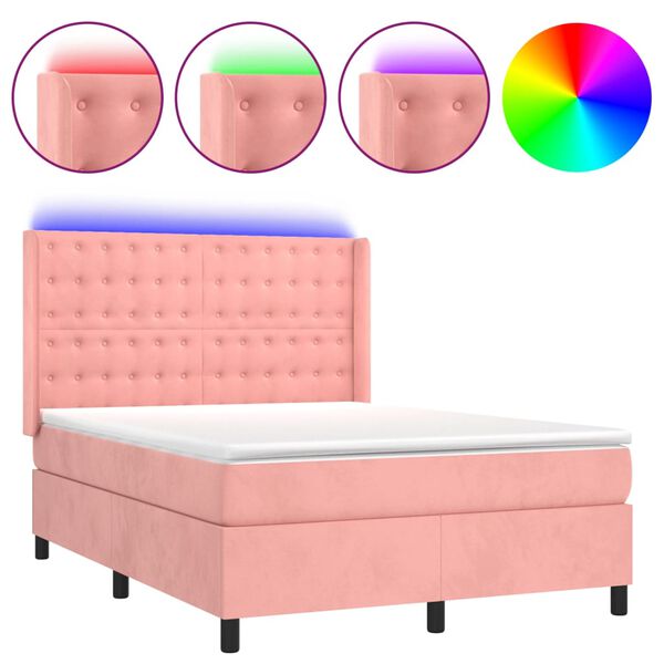 vidaXL Cama box spring colch&oacute;n y LED terciopelo rosa 140x200 cm