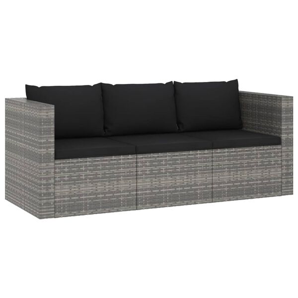 vidaXL Set de muebles de jard&iacute;n 3 pzas y cojines rat&aacute;n sint&eacute;tico gris
