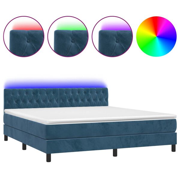 vidaXL Cama box spring colch&oacute;n y LED terciopelo azul oscuro 180x200 cm