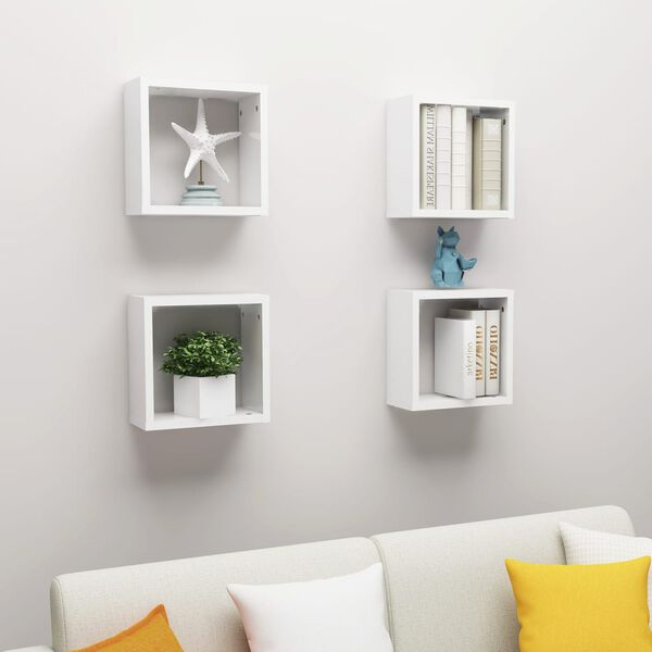 vidaXL Estantes cubo de pared 4 unidades blanco brillo 30x15x30 cm