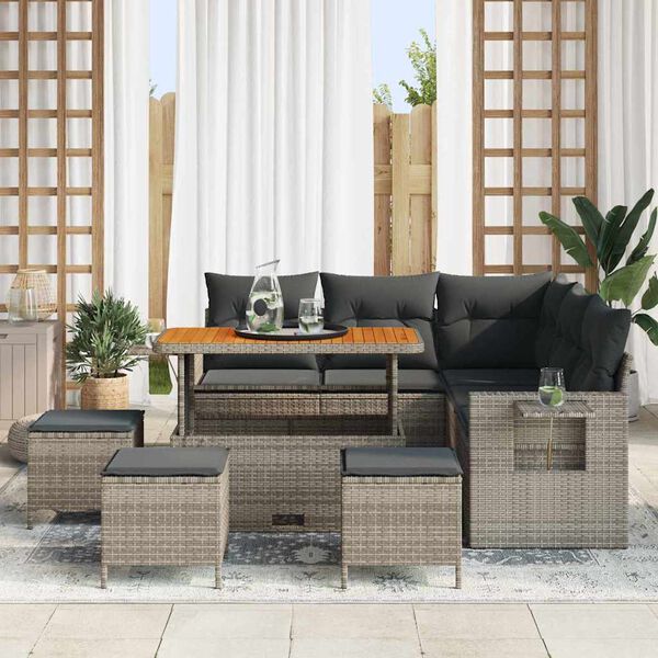 vidaXL Conjunto de sof&aacute; de jard&iacute;n con coj&iacute;n 9 pcs Gris rat&aacute;n sint&eacute;tico
