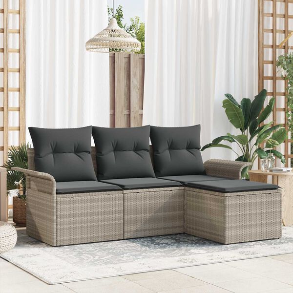 vidaXL Conjunto de sofá de jardín con cojín 4 pcs Gris claro Poliratán