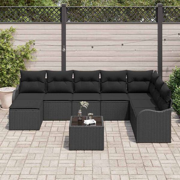 vidaXL Conjunto de sof&aacute; de jard&iacute;n con coj&iacute;n 9 pcs Negro Polirat&aacute;n