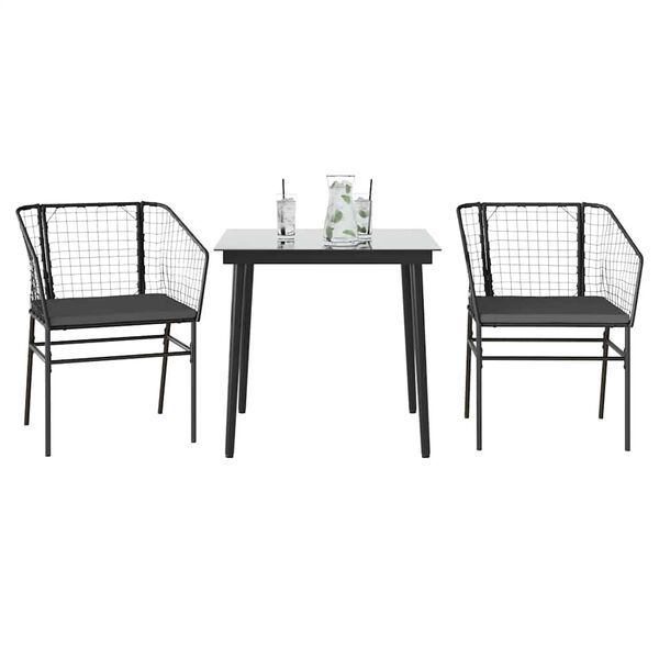 vidaXL Set comedor jard&iacute;n 3 pzas cojines rat&aacute;n sint&eacute;tico vidrio negro