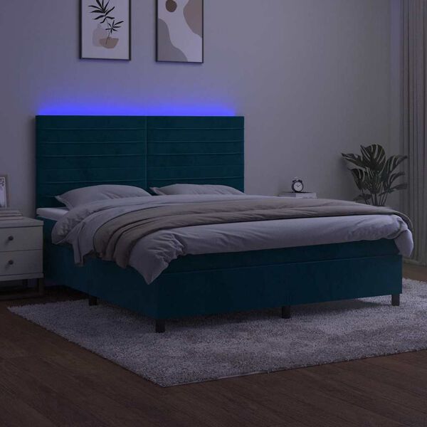vidaXL Cama box spring colch&oacute;n y LED terciopelo azul oscuro 180x200 cm