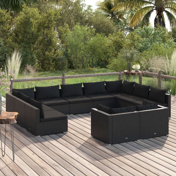 vidaXL Set de muebles de jard&iacute;n 11 pzas cojines rat&aacute;n sint&eacute;tico negro