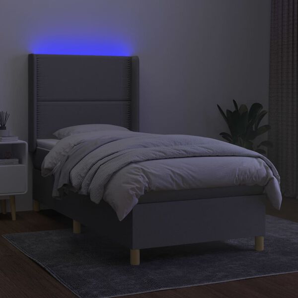 vidaXL Cama box spring colch&oacute;n y luces LED tela gris claro 90x200 cm