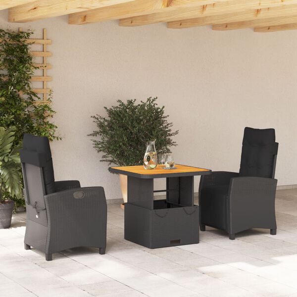 vidaXL Set comedor de jard&iacute;n 3 pzas con cojines rat&aacute;n sint&eacute;tico negro