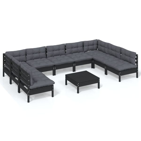 vidaXL Muebles de jard&iacute;n 10 pzas y cojines negro madera maciza de pino