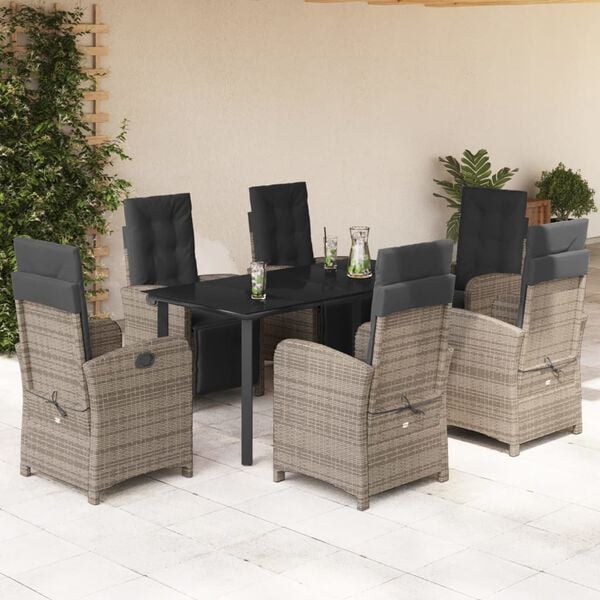 vidaXL Set comedor jard&iacute;n 7 pzas y cojines rat&aacute;n sint&eacute;tico gris