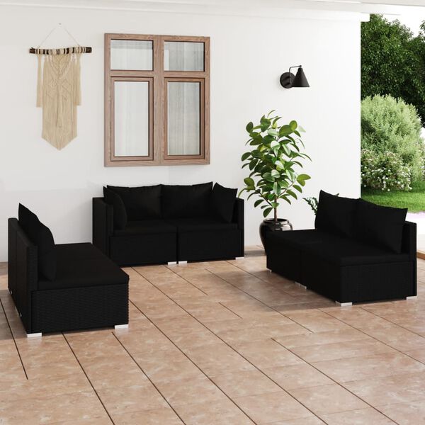 vidaXL Set de muebles de jard&iacute;n 6 pzas y cojines rat&aacute;n sint&eacute;tico negro