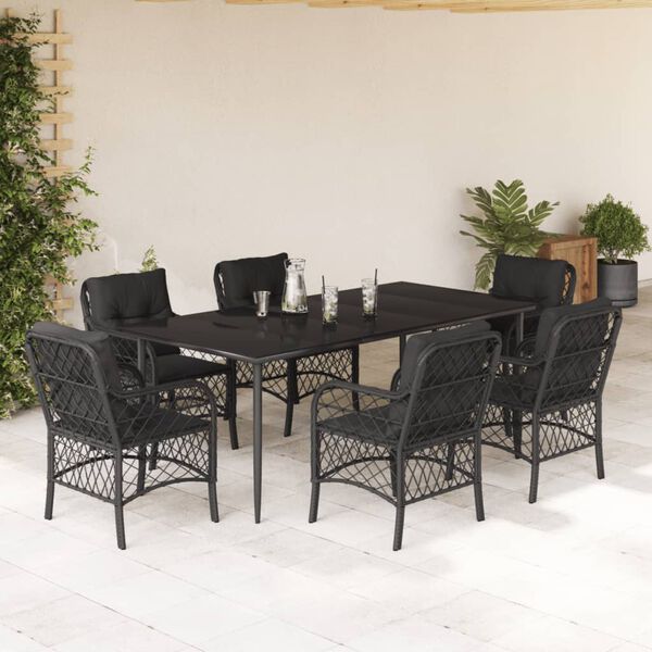 vidaXL Set de comedor de jard&iacute;n 7 pzas y cojines rat&aacute;n sint&eacute;tico negro