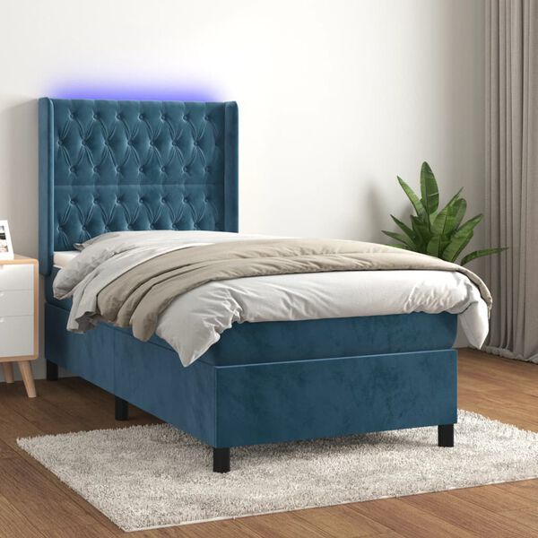 vidaXL Cama box spring colch&oacute;n y LED terciopelo azul oscuro 90x190 cm