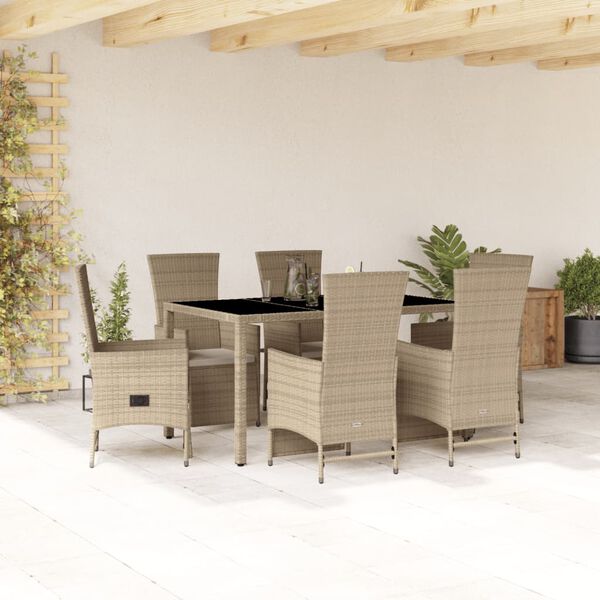 vidaXL Set comedor de jard&iacute;n 7 pzas con cojines rat&aacute;n sint&eacute;tico beige