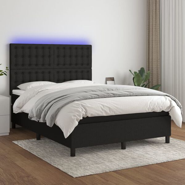 vidaXL Cama box spring colch&oacute;n y luces LED tela negro 140x190 cm
