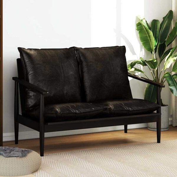 vidaXL Sofá de 2 plazas cuero auténtico con madera de acacia negro